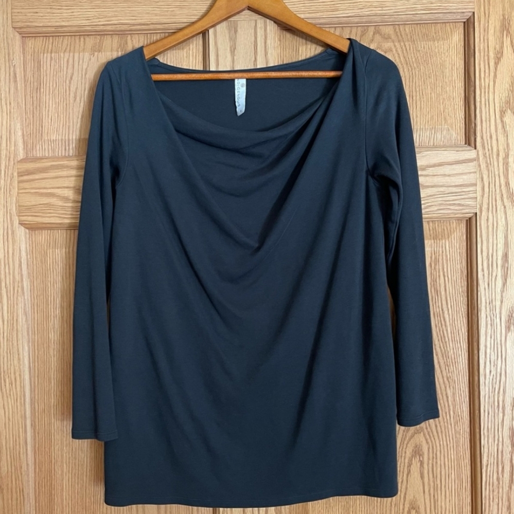 Indigenous - Cowl Neck Drape Front 3/4 Sleeve Top Organic | Small | Washed Black - Picture 5 of 6